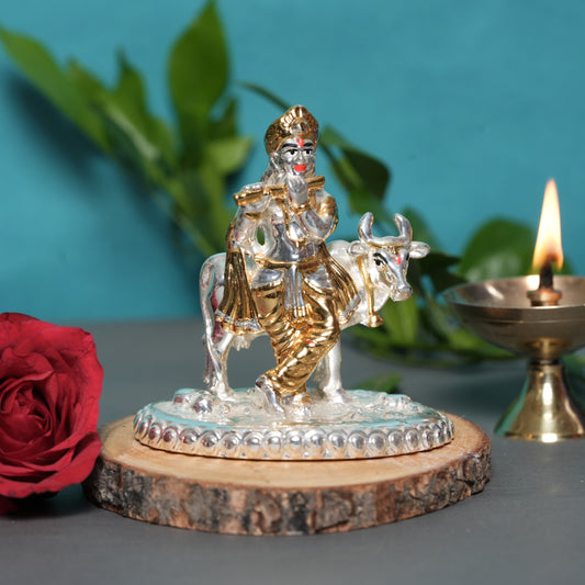 Krishna with Cow in 24K Gold and 999 Silver Finish