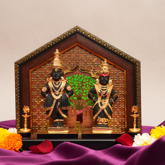 Decorative Lord Vithoba and Rakhumai Figurines with Intricate Backdrop - Religious Showpiece